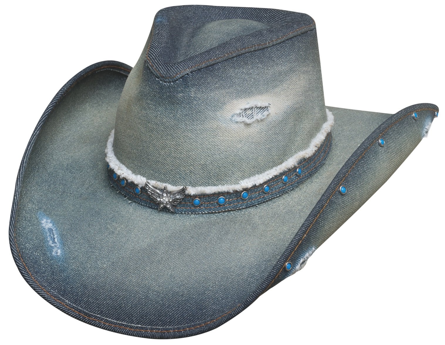 送料無料MontecarloブルハイドHatsシルバーWings Denim Western Cowboy Hat カラー ブルー並行輸入品