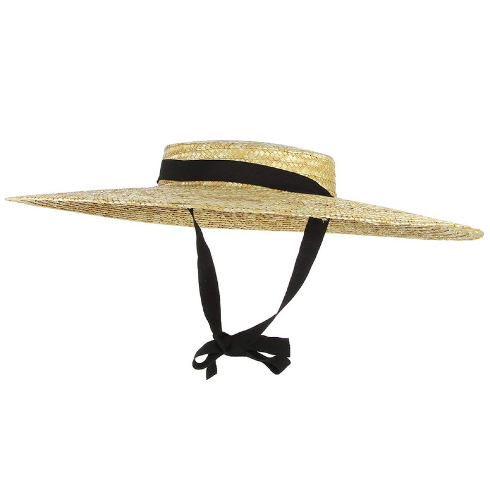 送料無料Women Large Brim Wheat Straw Hat Summer Hat 12Cm-18Cm Brim Ribbon Beach Cap Boater Fashion Flat Sun Hats並行輸