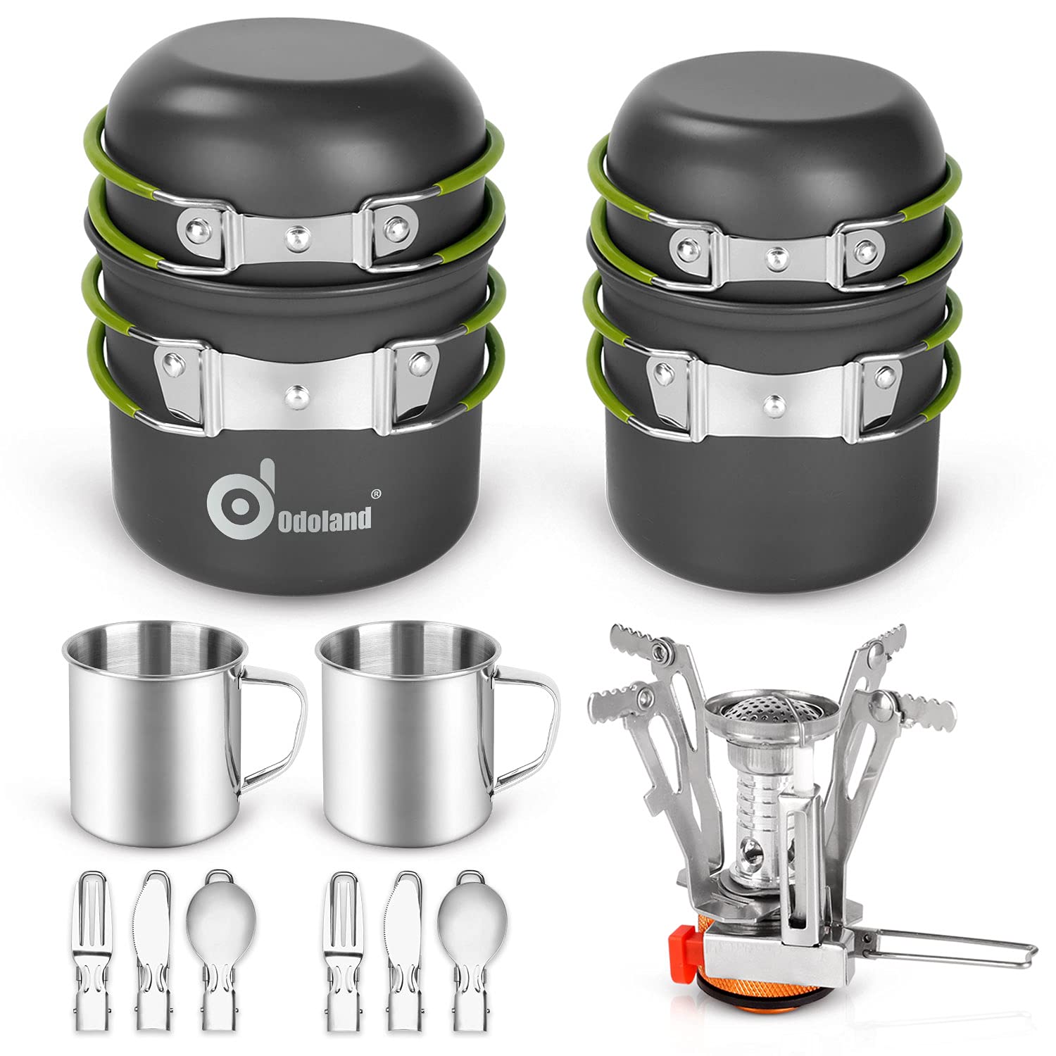 送料無料Odoland 16pcs Camping Cookware Mess Kit Lightweight Pot Pan Mini Stove with 2 Cups Fork Spoon Kits for Backpack