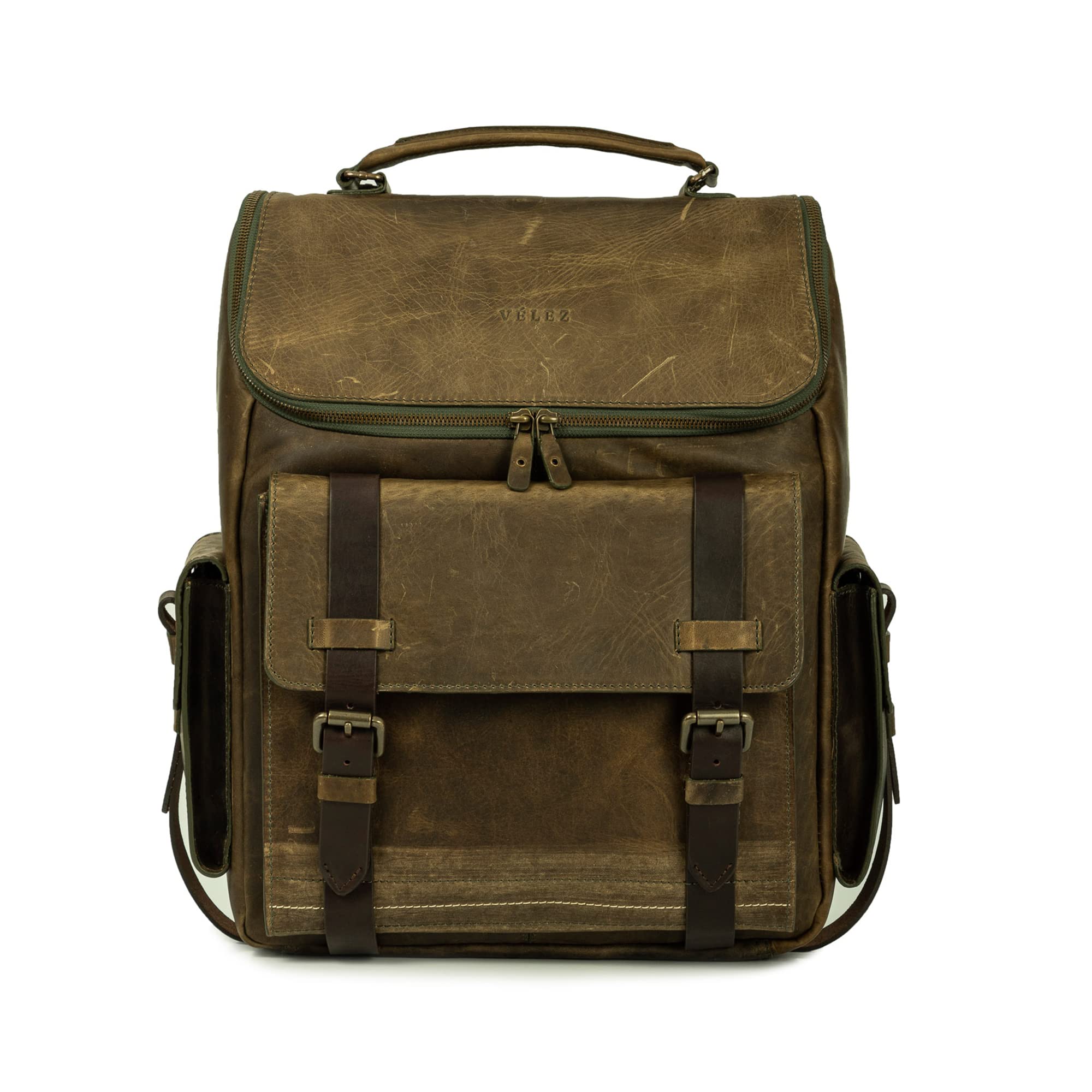 送料無料VELEZ Top Grain Leather Backpack for Men - 15 Inch Laptop Bag Green Designer Bookbag - Archaeology Vintage Tr