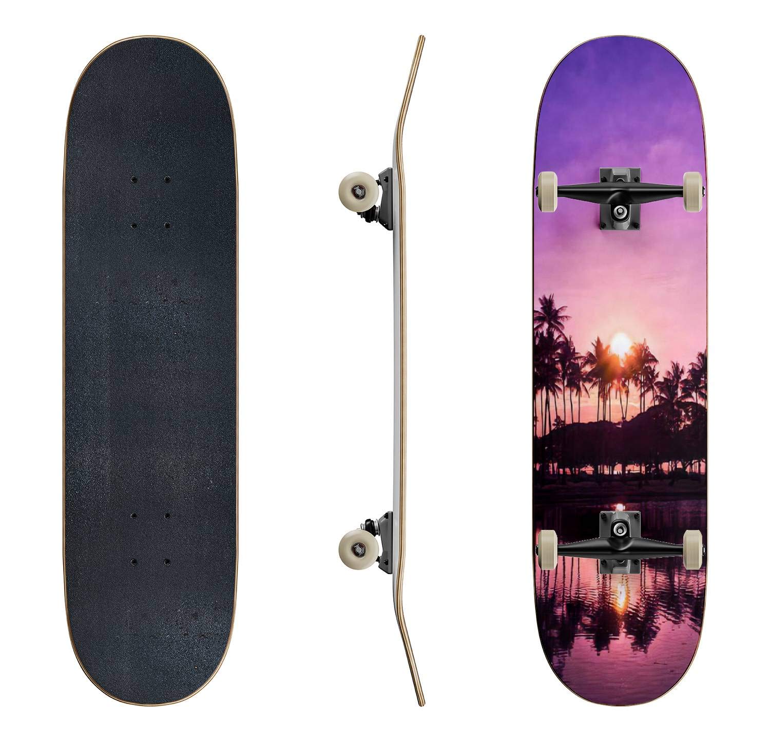送料無料スケートボード ヤシの木と空の夕日 ハワイ 水面 ストック 写真 クラシック 凹型 ス