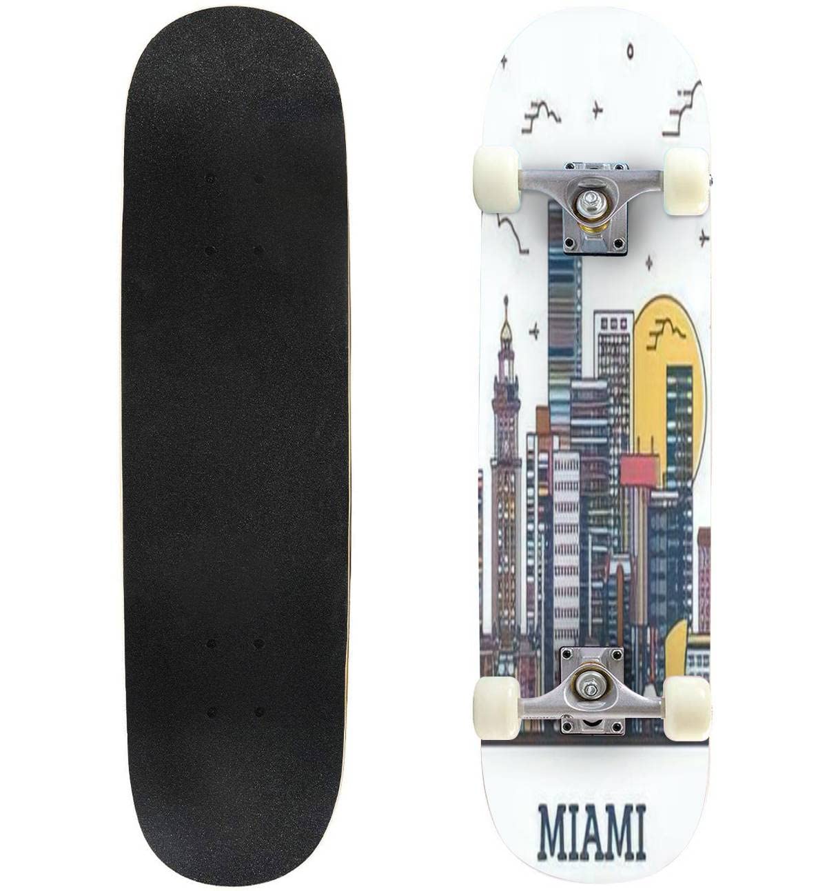 送料無料Classic Concave Skateboard Outline Miami Florida City Skyline with Colored Modern Buildings Longboard Standard Ma