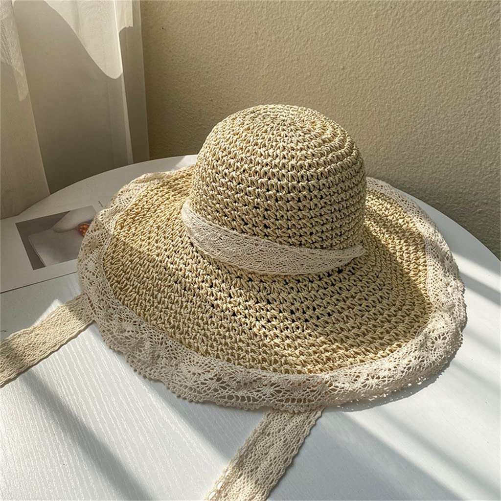 送料無料SHZBCDN Summer Straw Hat Lace Beach Hats Women Korean Windproof Rope Travel Wide Brim Sun Hat Elegant Lolita Buck