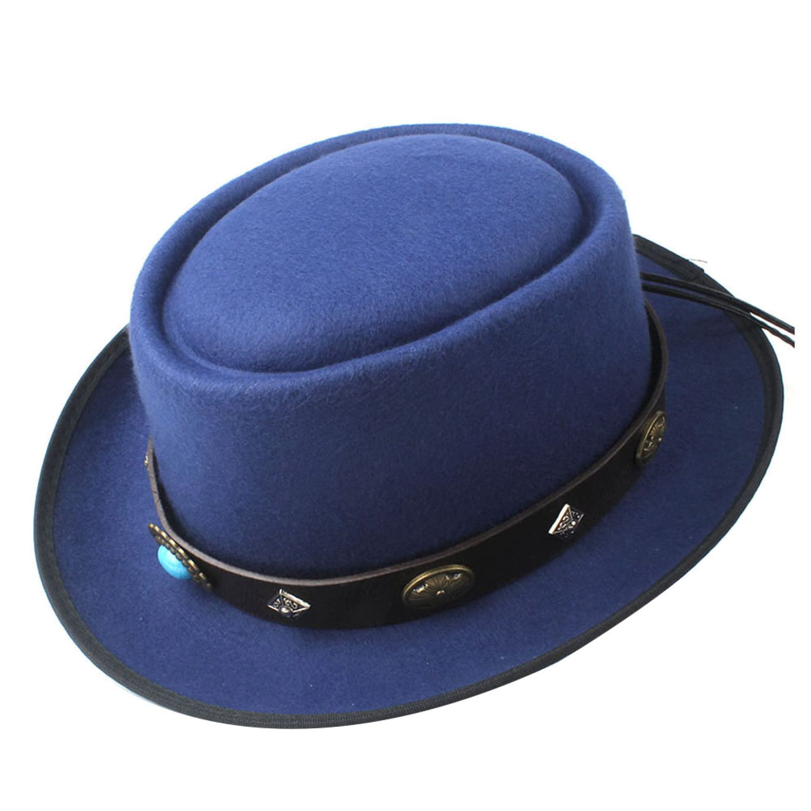 送料無料Fashion Fedora Top Hat for Men Women Winter Pork Pie Hat with Punk Belt Gentleman Trilby 58cm Blue並行輸入品