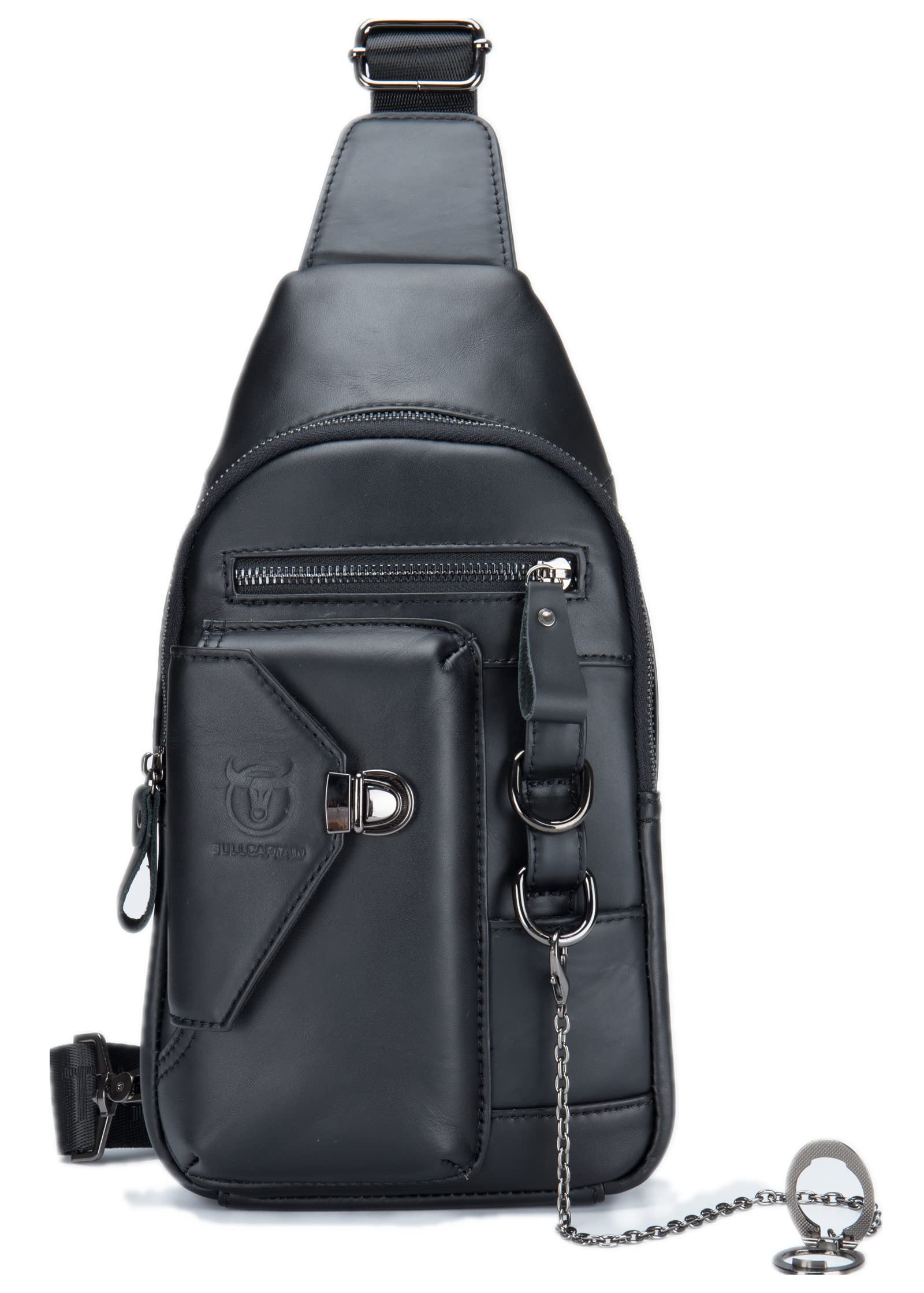 送料無料BULLCAPTAIN Genuine Leather Sling Bag for Men Crossbody with Cellphone Stand Chain Chest Shoulder Backpack Daypac