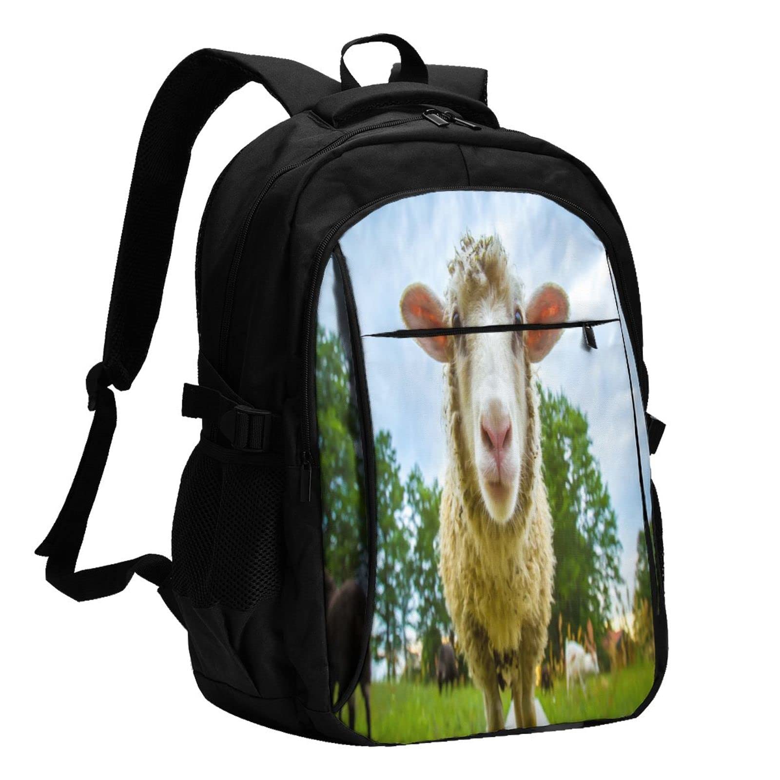 送料無料Sheep Looking Camera Usb Travel Laptop Backpack Water Resistant Casual Daypack Computer Bag Business並行輸入