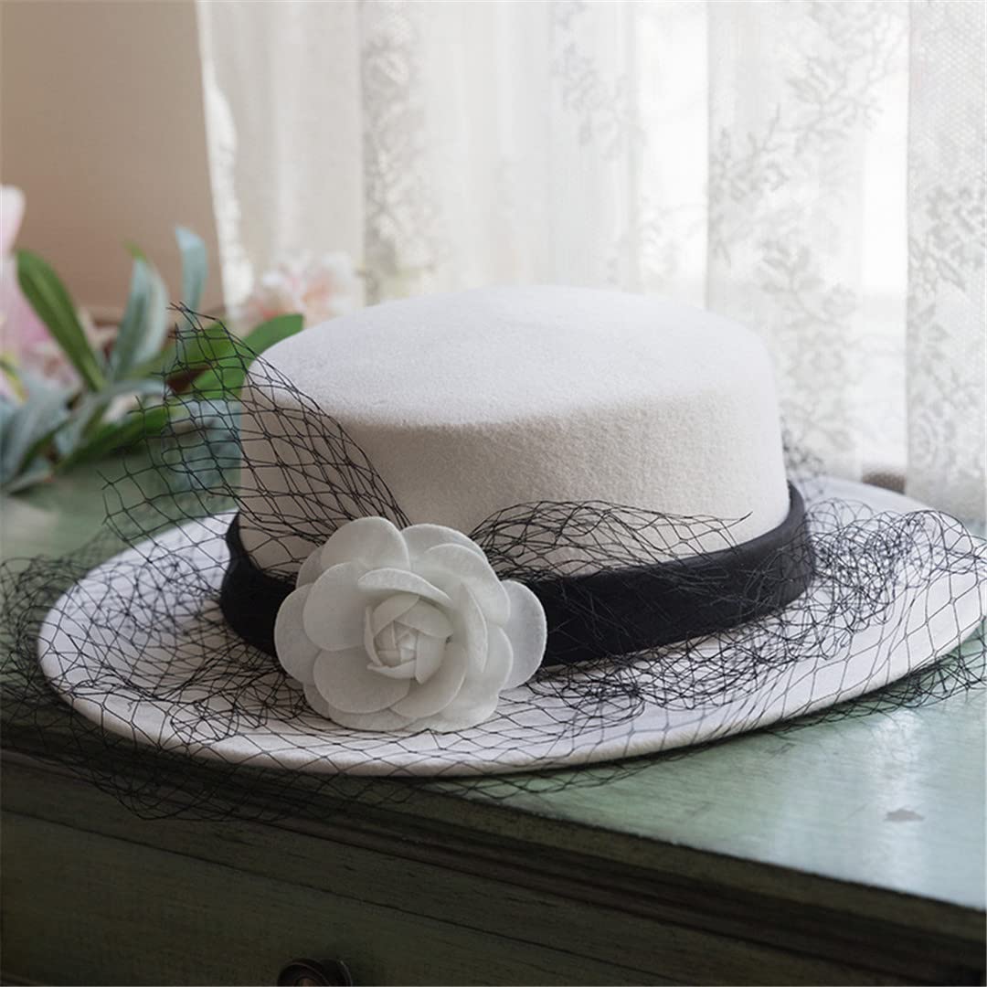 送料無料Womens Fedora Black Top Hat Style Mesh Floral French Vintage Top Hat Elegant Wedding Accessories Hat White並行