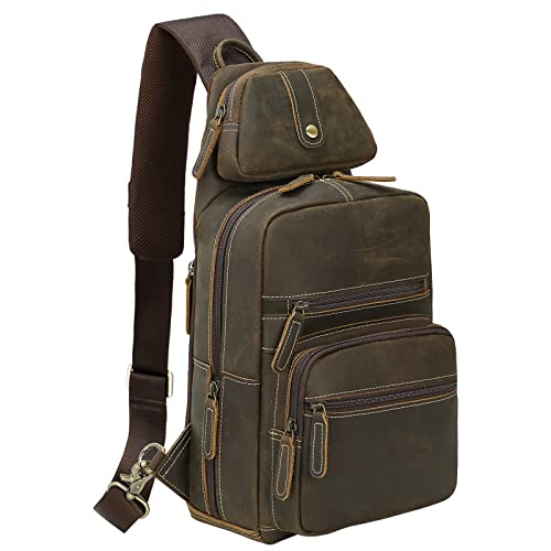 送料無料TIDING Mens Genuine Leather Sling Bag Vintage 11 Inch Tablet Crossbody Chest Daypack with Detachable Pocket並