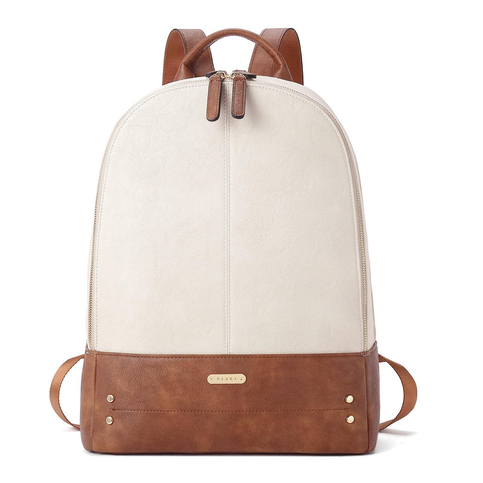 送料無料CLUCI Laptop Backpack for Women Leather 15.6 inch Computer Backpack Travel Vintage Large Bag Beige With Brown 2