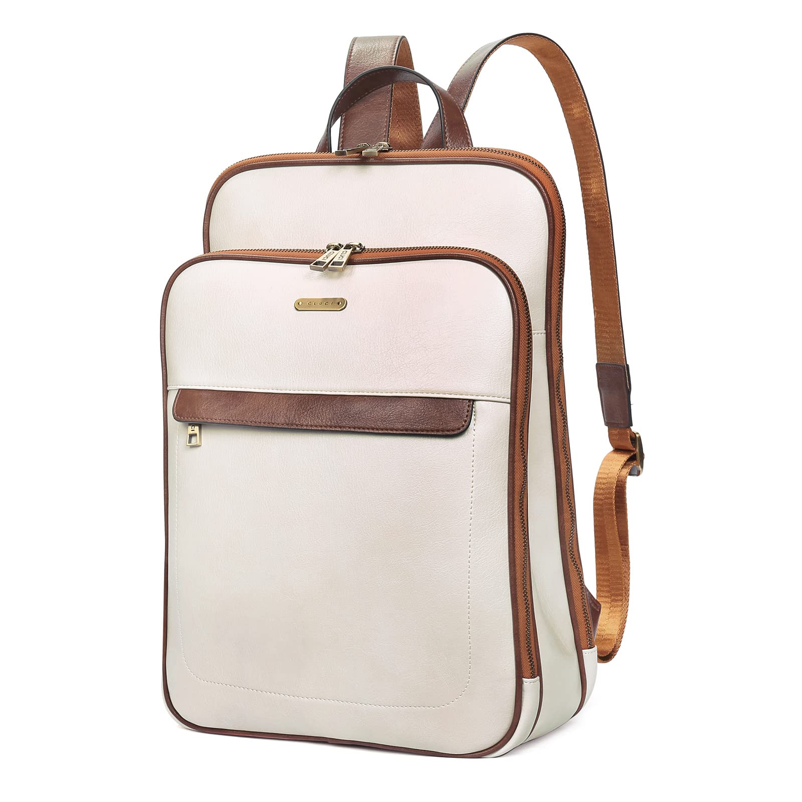 送料無料CLUCI Leather Laptop Backpack Purse for Women 15.6 inch Computer Backpack Stylish Travel Bag Daypack Beige with B