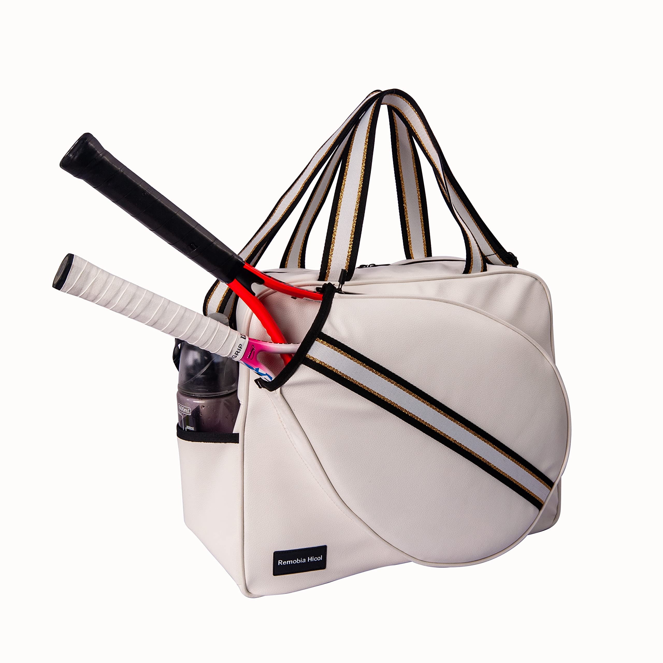 送料無料Remobia Hicol White PU Leather Women Large Sports Handbag Tennis Racket Shoulder Bag Tennis Tote Bag with Front P