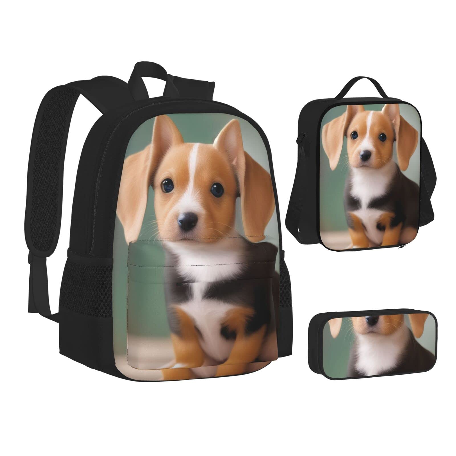 送料無料Big Eared Cute Dog Three-Piece Backpack Set With Pocket Backpack Cross-Body Lunch Bag Pen Bag For Travel Daypack
