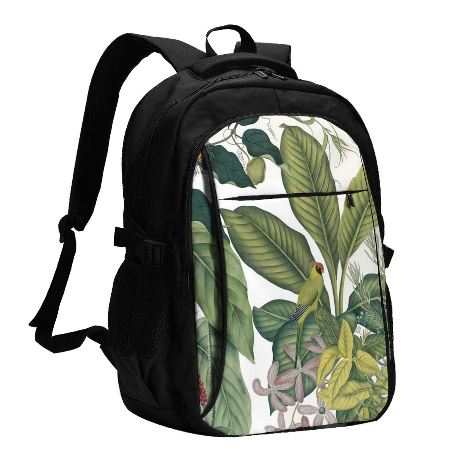 送料無料Tropical Flower Leaf Parrot Printed Laptop Backpack For MenCarry On Travel Backpacks With Usb Charging PortPrin
