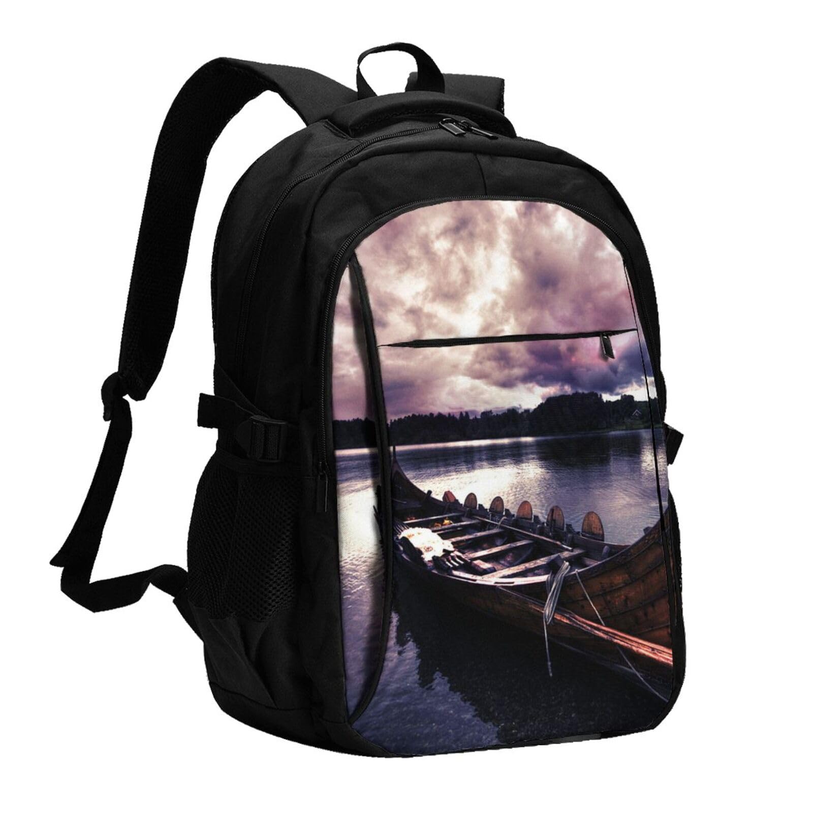 送料無料EVANEM Vikings Boat Printed Laptop Backpack With Usb Charging Port And Music Jack Travel Backpack Business Backpa