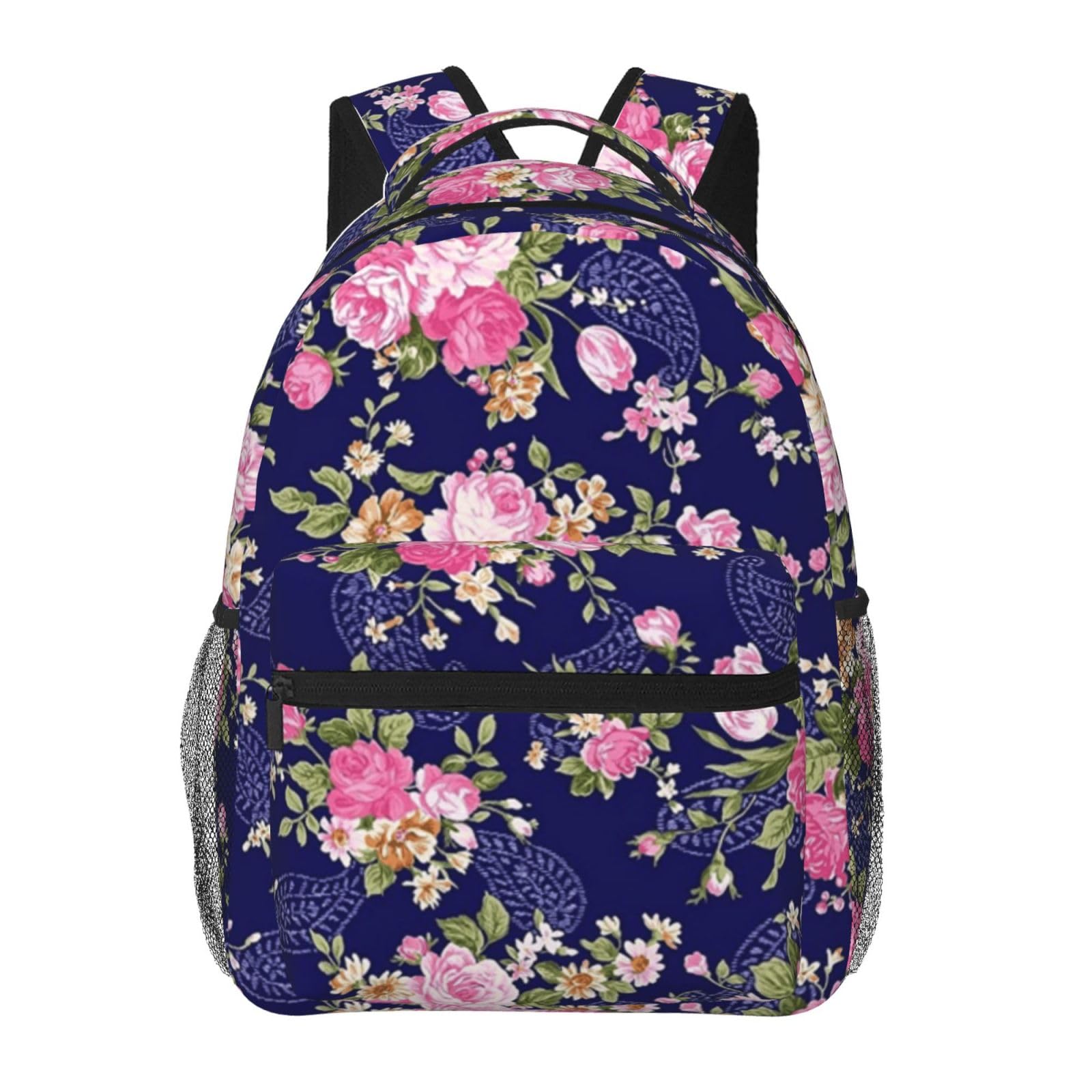 送料無料Navy Blue Base Floral Printed Laptop Backpack Fashion Lightweight Ergonomic Backpacks Casual Travel Daypack For W