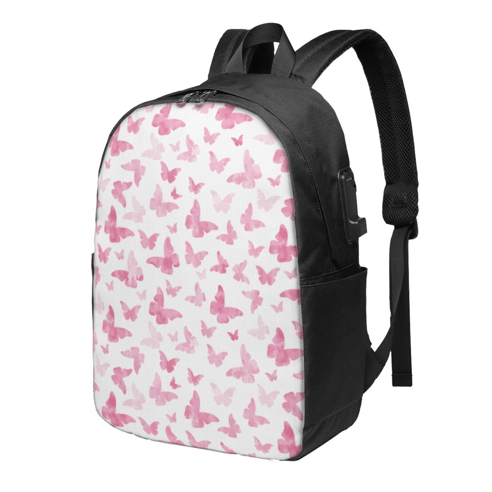 送料無料OUSIKA Pink Butterflies Laptop Backpack With Usb Charging Port Water Resistant Casual Daypacks Travel Bag For Men