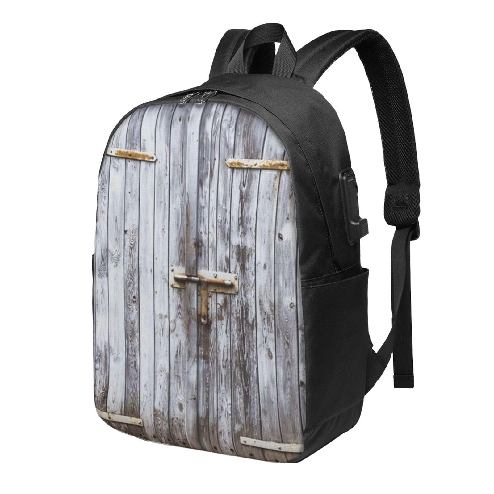 送料無料OUSIKA Old Wooden Barn Door Laptop Backpack With Usb Charging Port Water Resistant Casual Daypacks Travel Bag For
