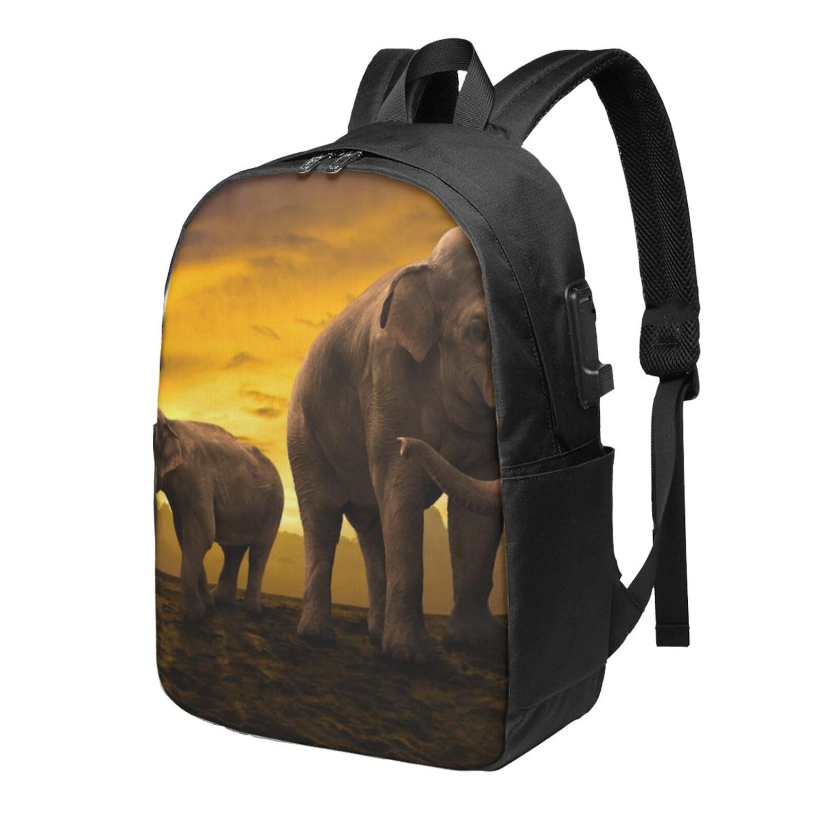 送料無料OUSIKA Sunset Elephant Laptop Backpack With Usb Charging Port Water Resistant Casual Daypacks Travel Bag For Men