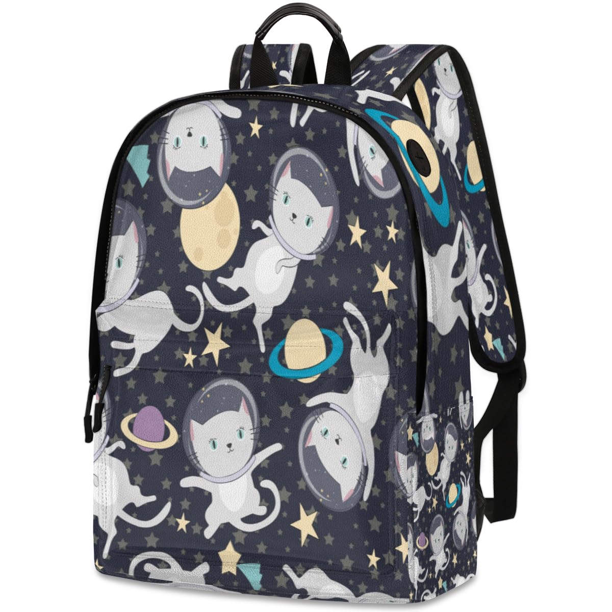 送料無料QsirBC Cartoon Universe Cat Astronaut Leather Backpack for Women Laptop Backpack Zipper Closure Adjustable Strap