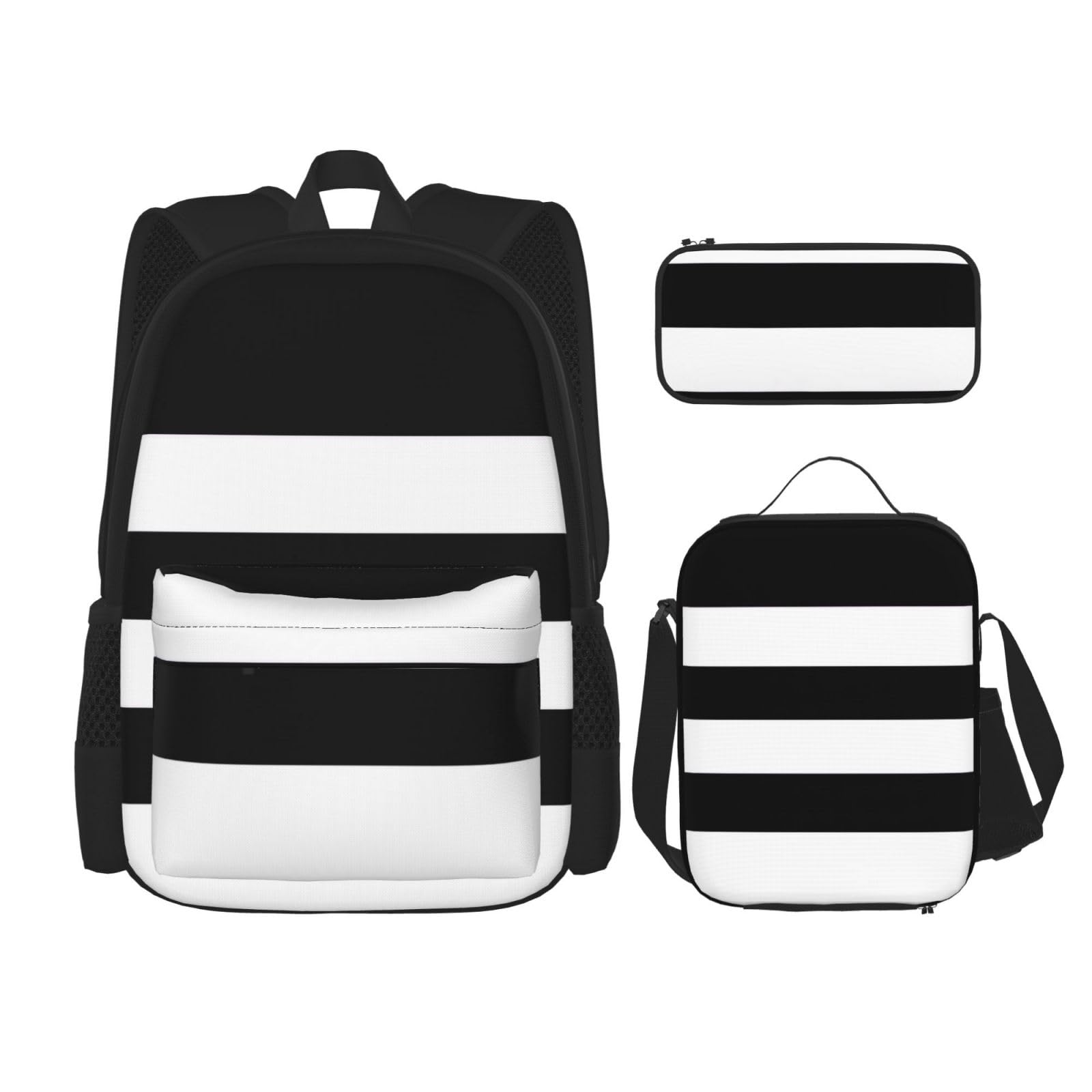 送料無料NEZIH stripes black white Backpack Travel Daypack With Lunch Box Pencil Bag 3 Pcs Set Casual Rucksack Fashion Bac
