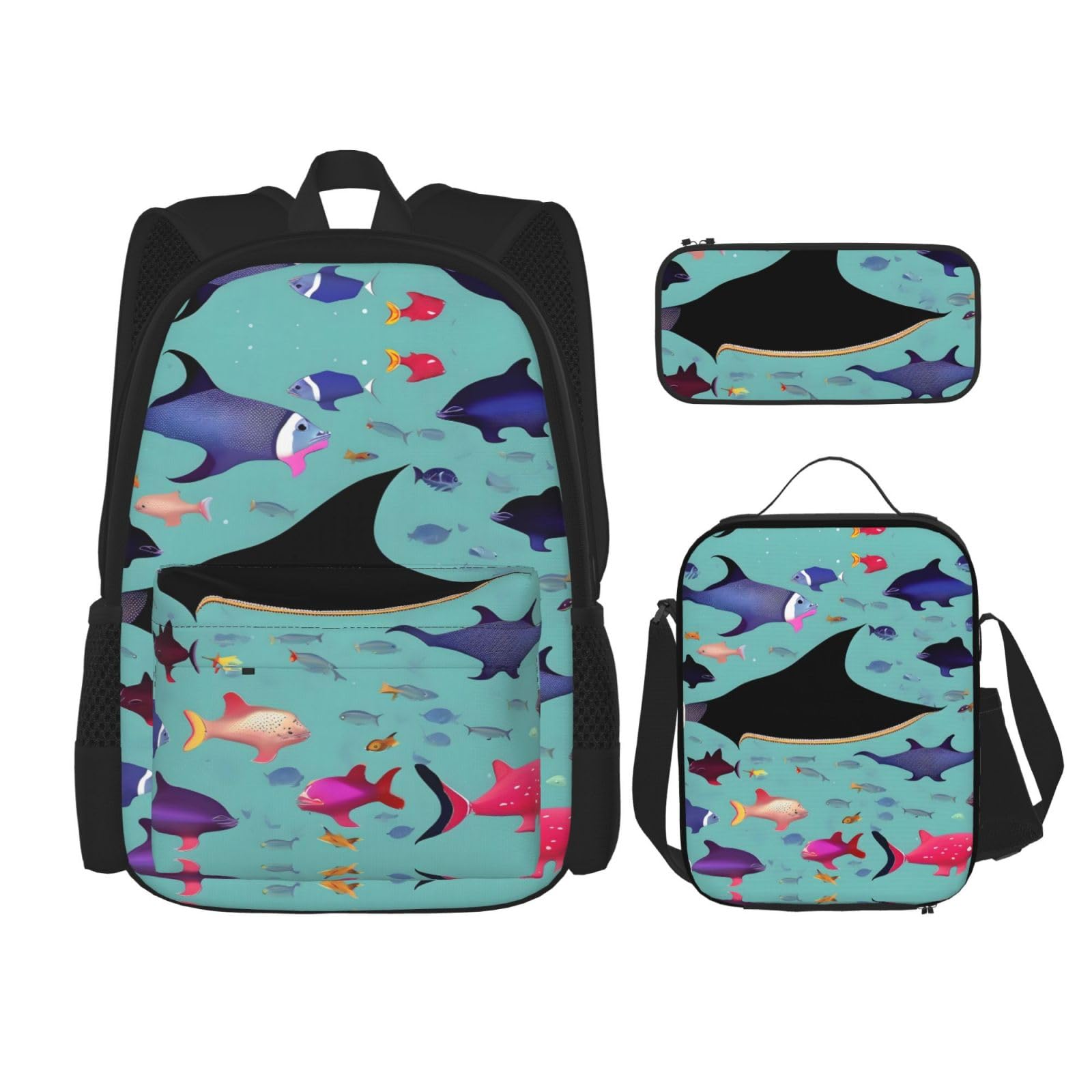 送料無料NEZIH Manta Ray and Fish Backpack Travel Daypack With Lunch Box Pencil Bag 3 Pcs Set Casual Rucksack Fashion Back