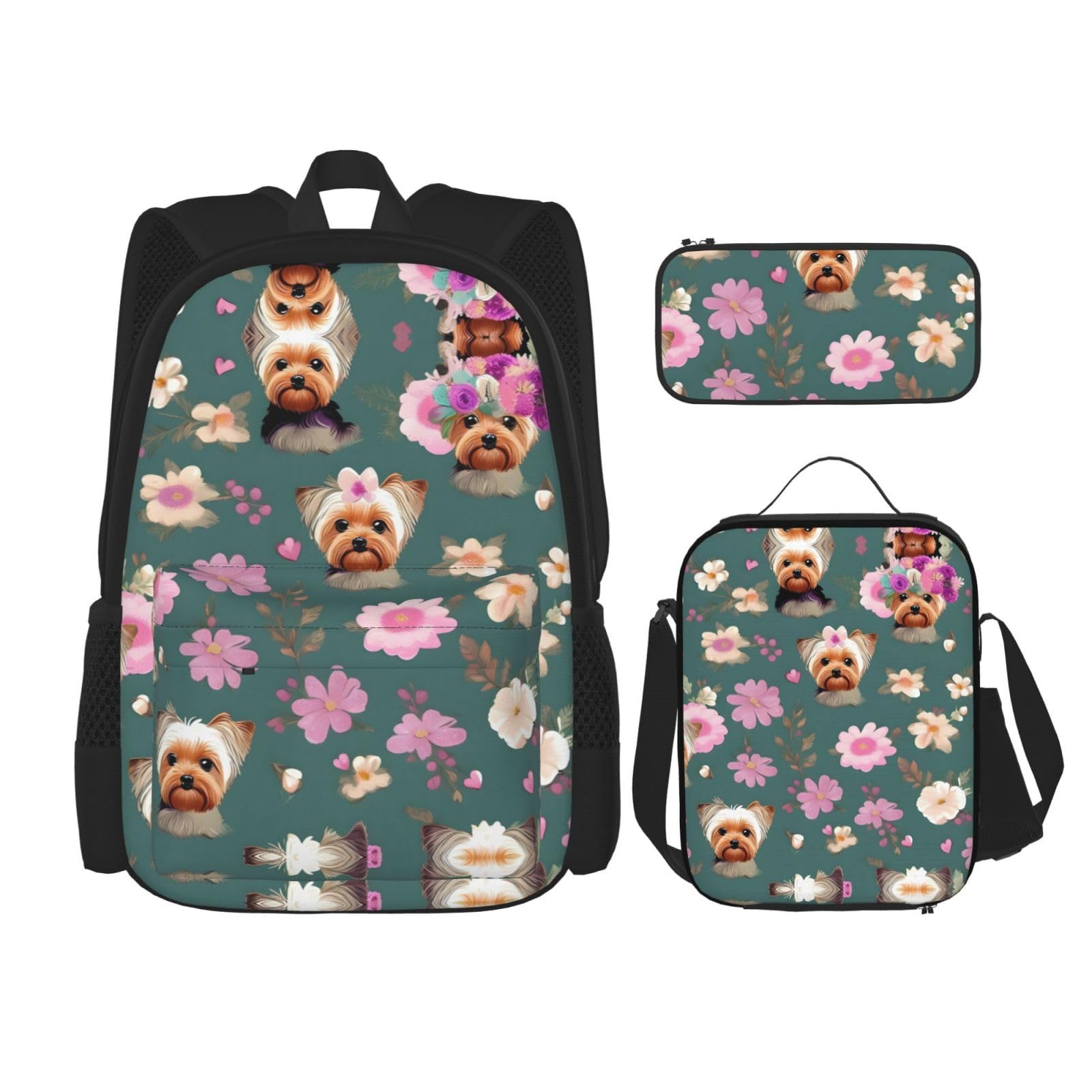 送料無料NEZIH Yorkie Floral pattern Backpack Travel Daypack With Lunch Box Pencil Bag 3 Pcs Set Casual Rucksack Fashion B