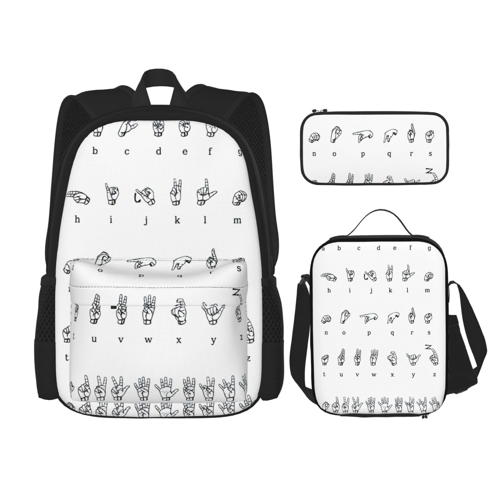 送料無料NEZIH Sign Language Alphabet Backpack Travel Daypack With Lunch Box Pencil Bag 3 Pcs Set Casual Rucksack Fashion