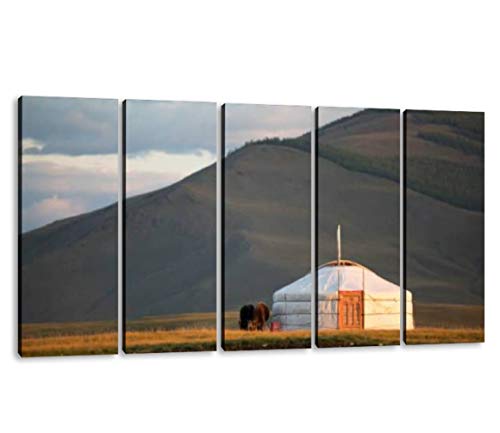 新品KiiAmy 5 Panels Art Wall Decor Traditional Mongolian ger on a Mountain Backdrop in Sunset Light Artwork Modern Canvas P
