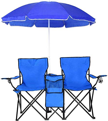 新品888Warehouse Portable Folding Picnic Double Chair WUmbrella Table Cooler Beach Camping Chair Blue - Fishing Travel Ou