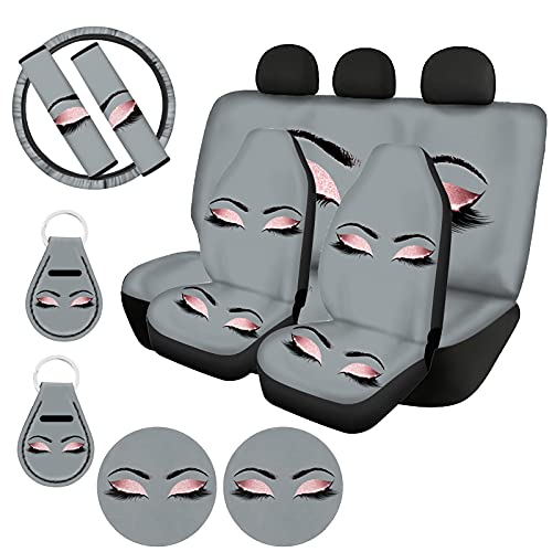新品WELLFLYHOM Car Seat Covers Girly Full Set Eyelashes Eyeshadow Funny Design Grey Car Interior Accessories Set for Men Wo