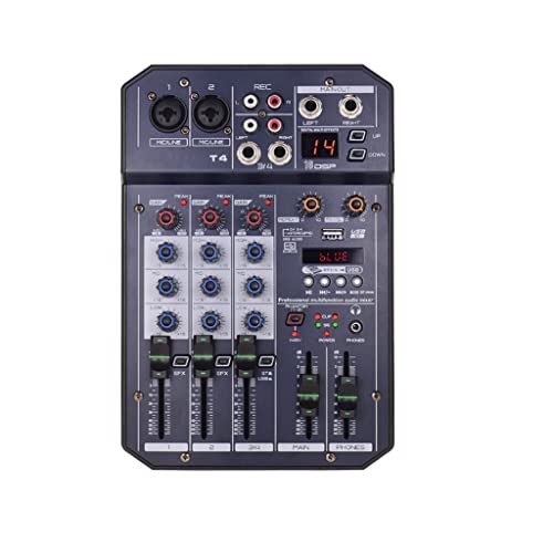 新品TWDYC T4 Portable 4-Channel Sound Card Mixing Console Audio Mixer Built-in 16 DSP 48V Phantom Power Supports BT Connect