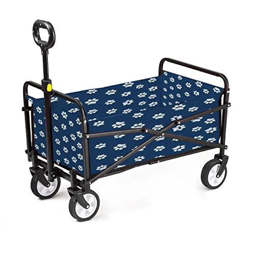 新品Collapsible Wagon Cart White Doodle paw Print Navy Blue Foldable Utility Wagon Large Capacity Garden Cart with Push Bar
