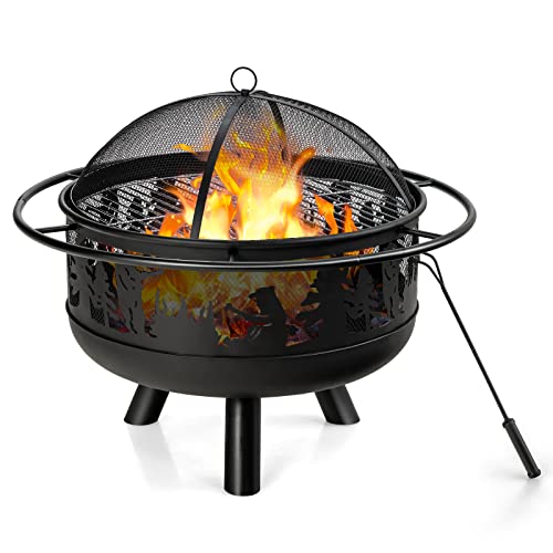 新品Giantex Round Fire Pit 30 Inch Outdoor Wood Burning Fire Bowl with Fire Poker Cooking Grill Grid Spark Screen Cover